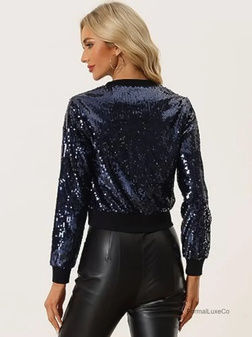 Sequin Bomber Jacket Sparkly Zip Front Cropped Glitter Party Disco Outfit